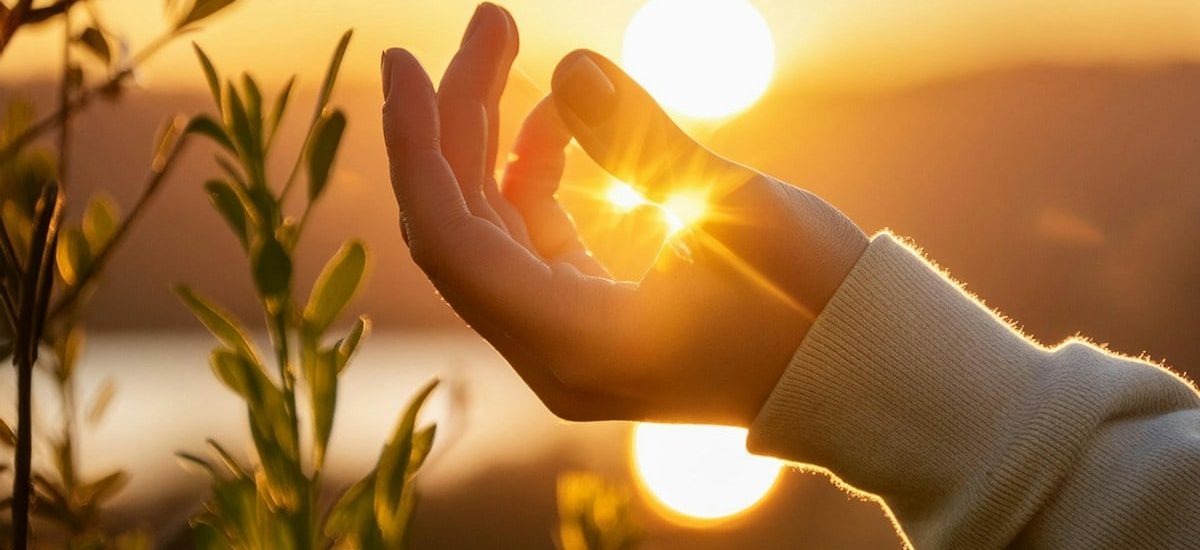 A woman's hand in front of the sunset and showing hope.