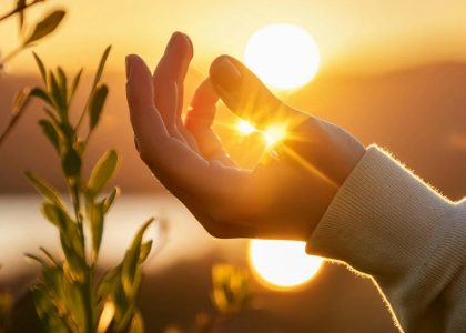 A woman's hand in front of the sunset and showing hope.