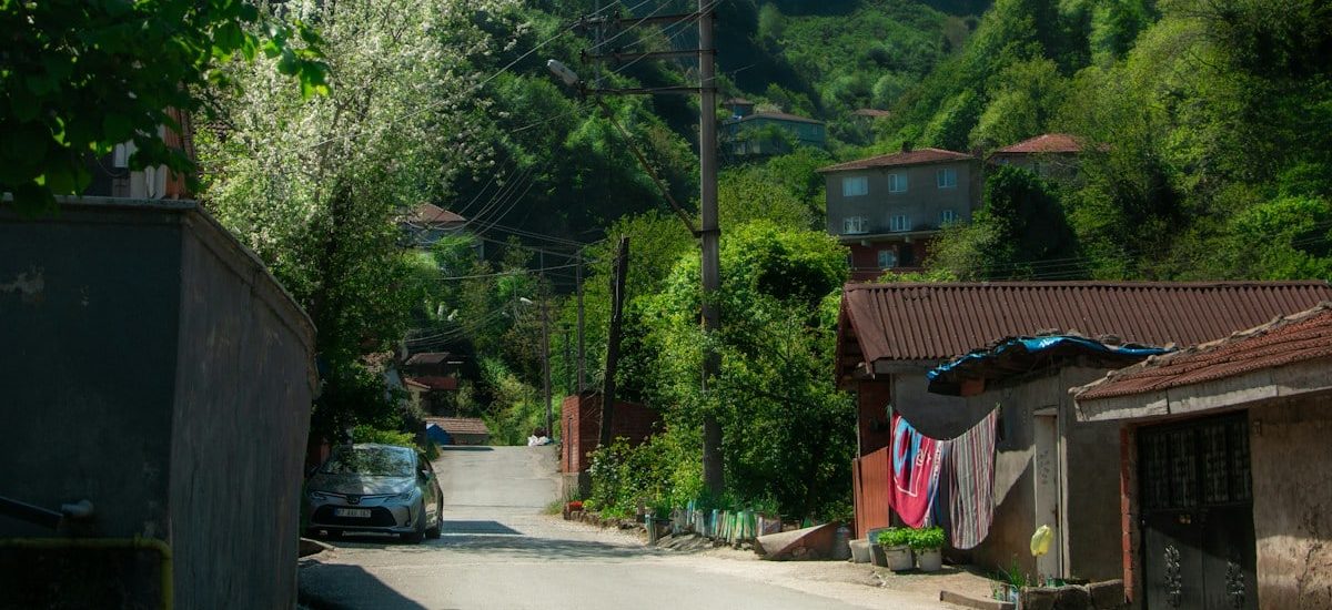 Rural village street with houses, lush hills, and power lines