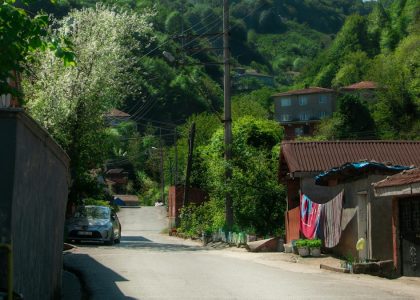 Rural village street with houses, lush hills, and power lines